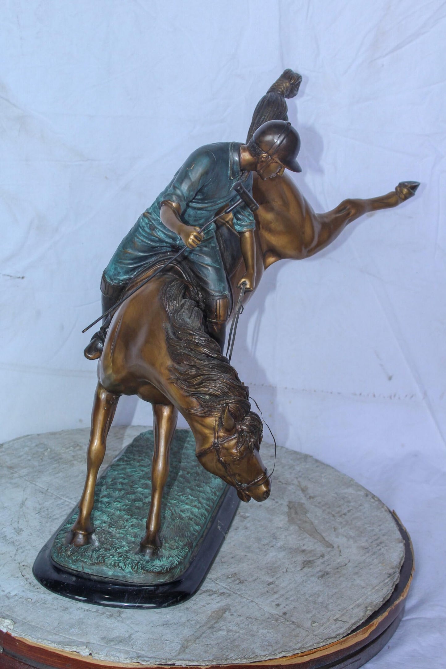 Dynamic Polo Player and Horse in Game Action Bronze Statue  21" x 11" x 22"H