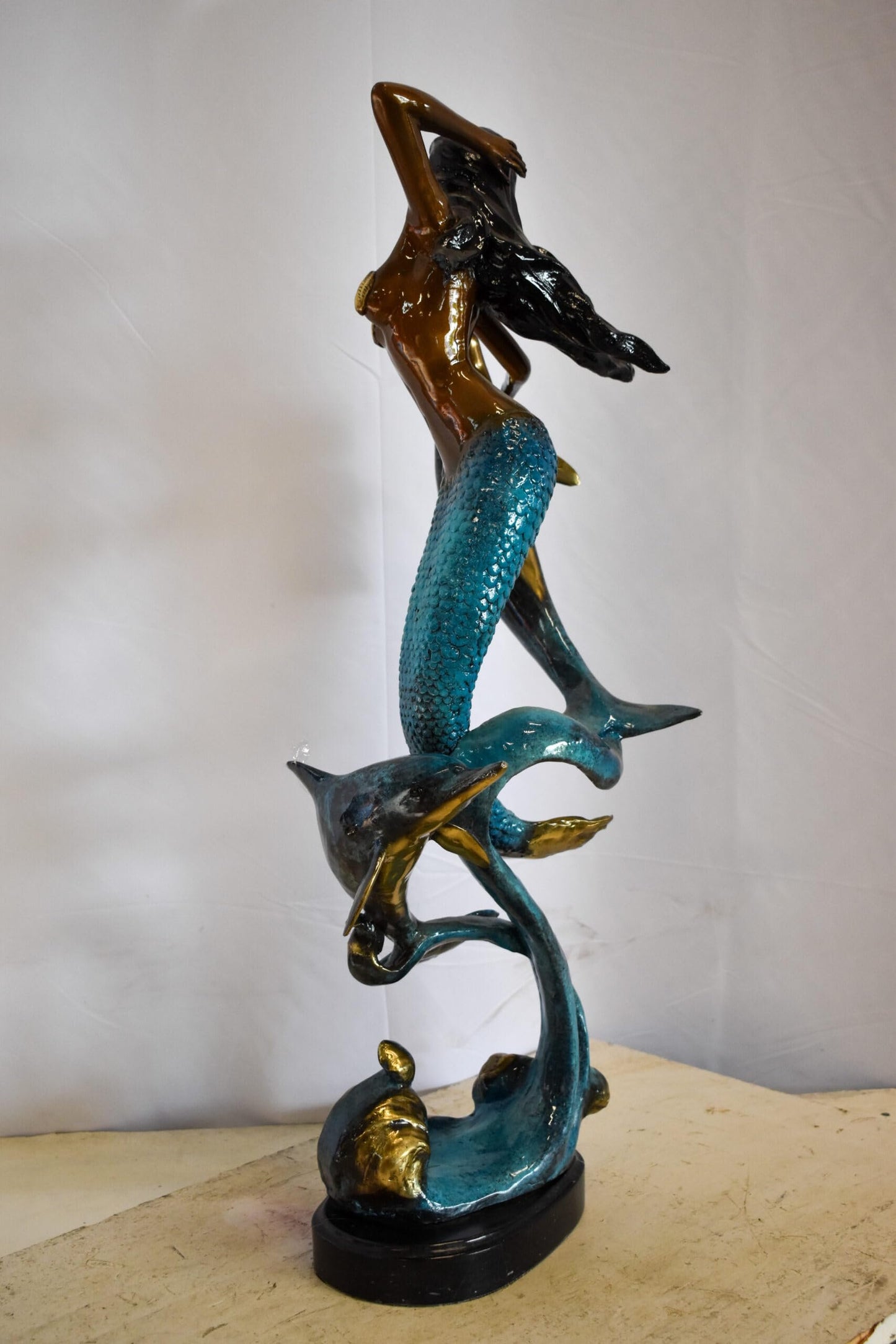 Graceful Mermaid and Two Dolphins Bronze Statue 13" x 9" x 31"H