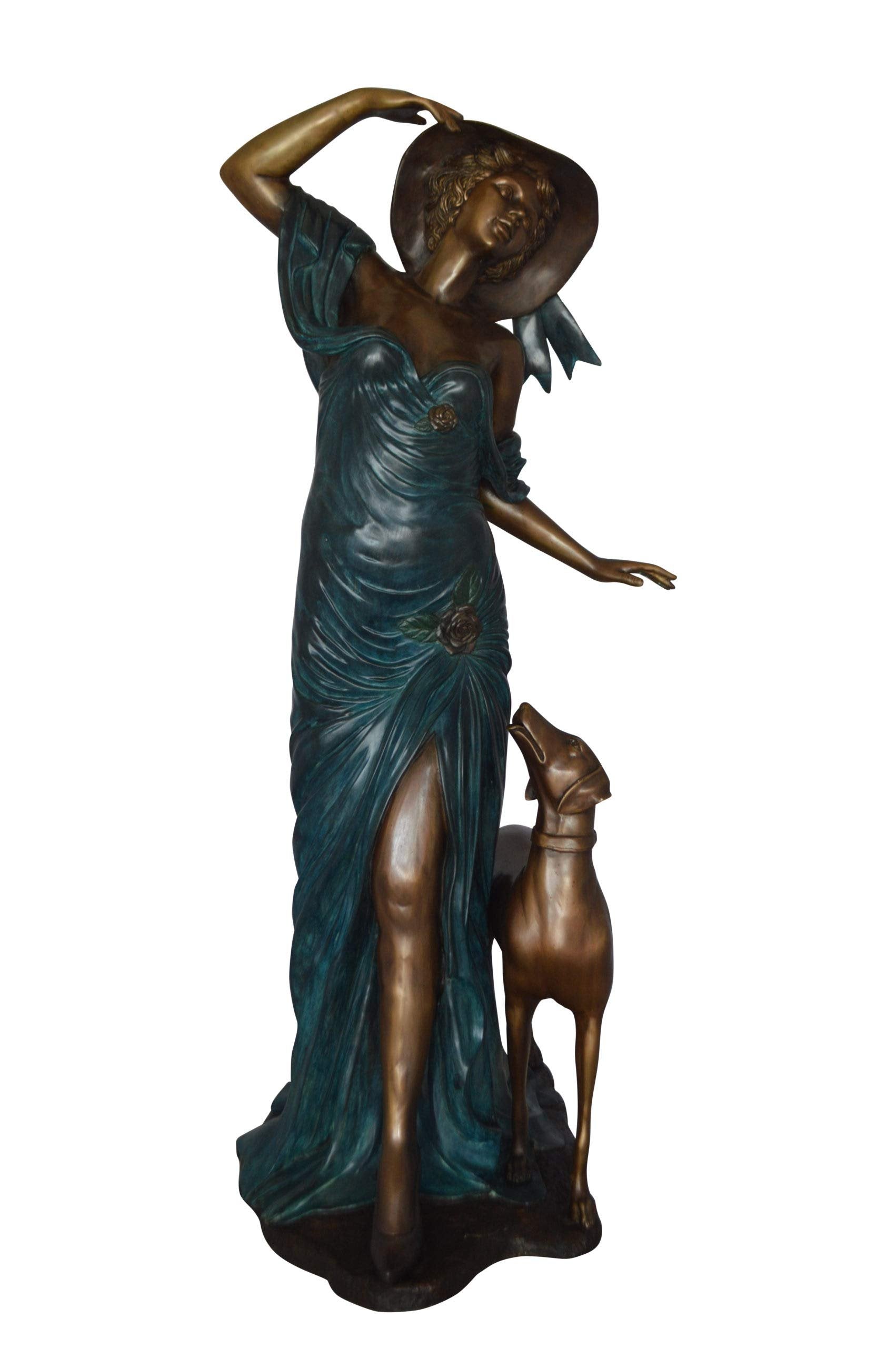 Lady With Her Dog Bronze Statue - Size: 25