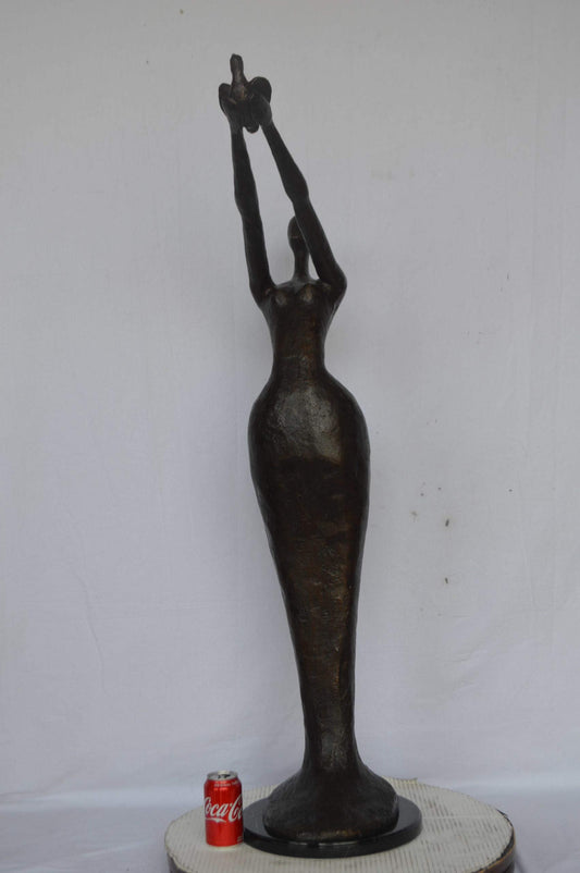Woman Releasing Bird Modern Art Bronze Statue - Size: 13"L x 19"W x 52"H.