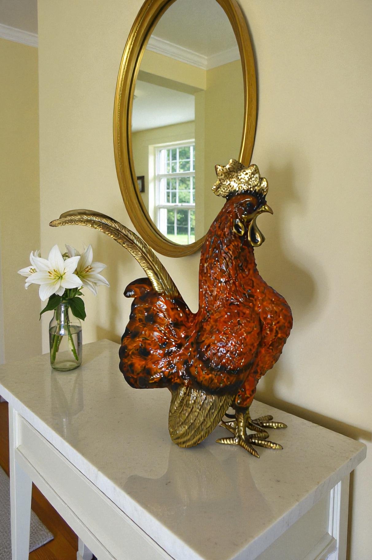Rooster Cockerel bronze statue - Size: 9"L x 4"W x 11"H.