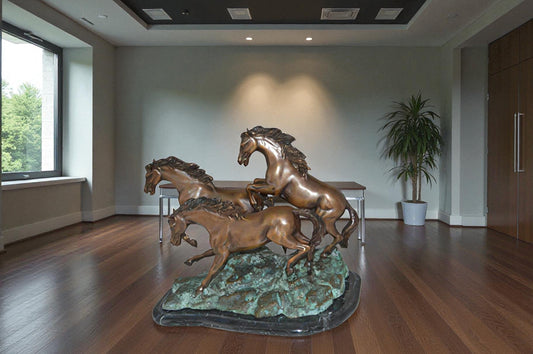 Three horses running Bronze Statue - Size: 11"L x 18"W x 13"H.