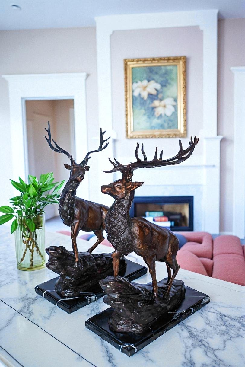 Bronze Pair of Deer Statues on Marble Base Lost Wax Method 15" x 10" x 21"H