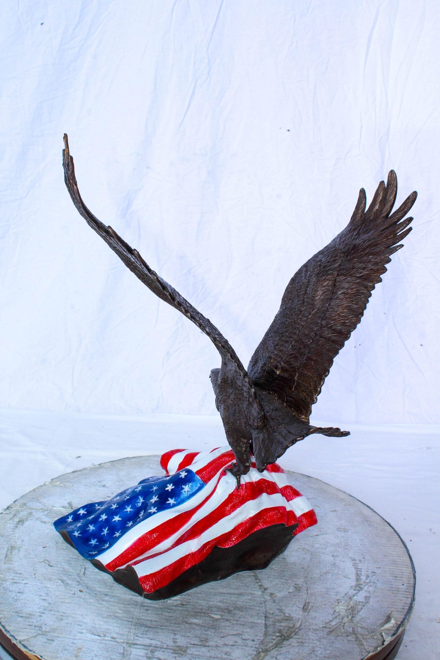 Bronze Bald Eagle Statue on American Flag Base 21" x 14" x 22"H