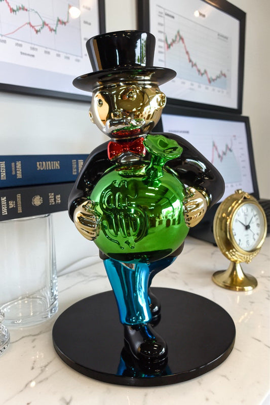 Walking Monopoly Man with Money Bag on Black Base Resin Statue 10" x 10" x 16"H