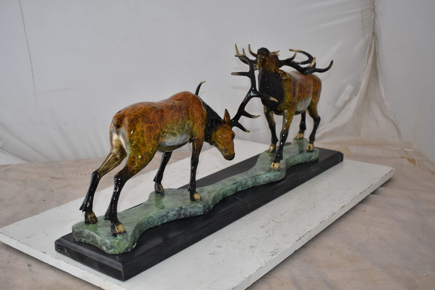 Fighting Deer Bronze Statue Mounted on a Marble Base Size: 32" x 8" x 14"H