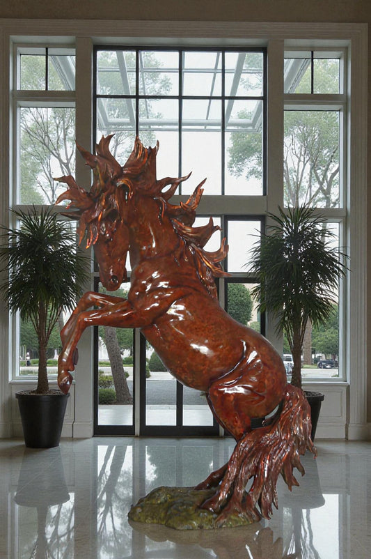 Large Rearing Horse Red Finished Bronze Statue - Size: 34"L x 21"W x 46"H.