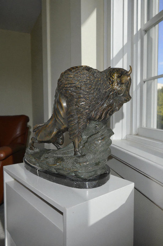 Bison Bronze Statue - Size: 7"L x 14"W x 15"H.