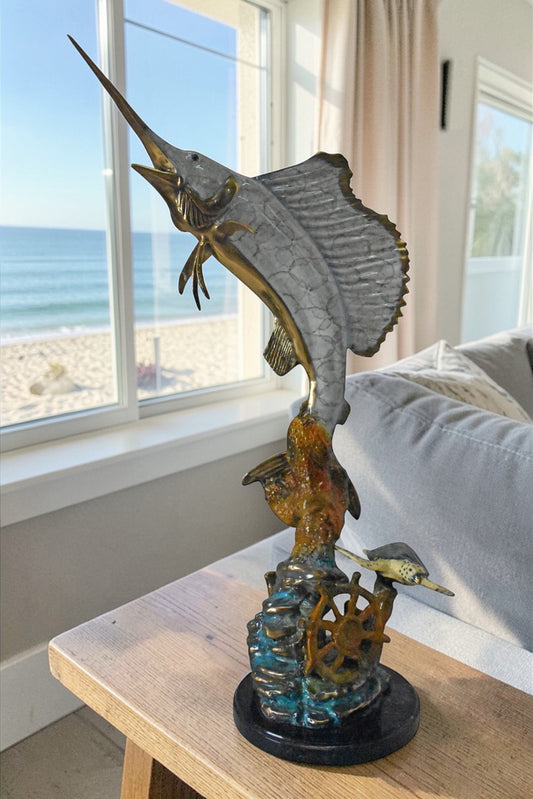 Nifao Sailfish and Turtle Bronze Statue on Marble Base – Lost Wax Marine Life Sculpture with Patina Finish - 12" L x 18" W x 31" H