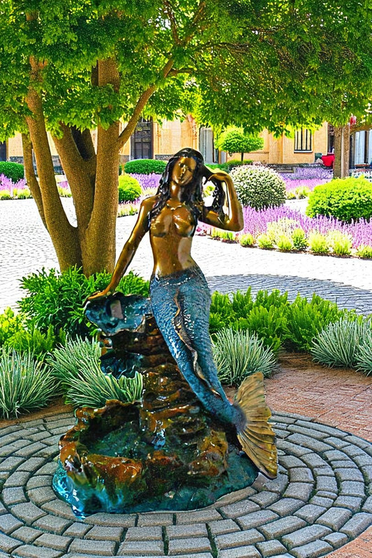 Beautiful Large Mermaid Bronze Statue Fountain - Size: 35"L x 32"W x 53"H.