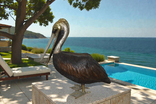 Upright Pelican Bronze Statue Fountain - Size: 46"L x 20"W x 44"H.