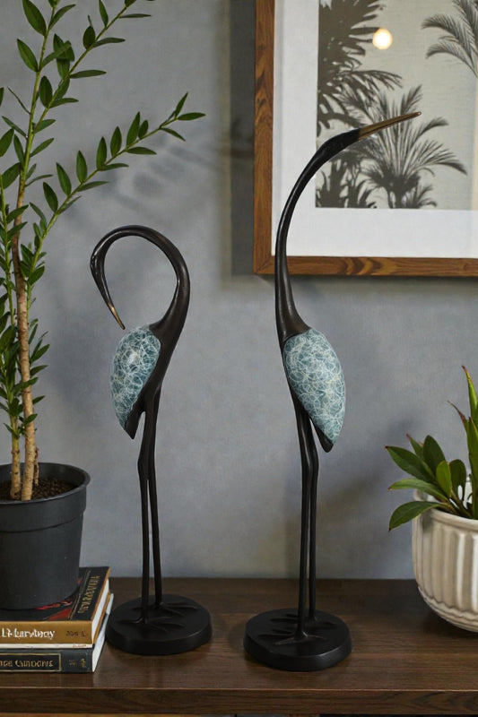 Bronze Crane Pair Statue Set Birds Sculpture Figurines 7"x4"x20"H