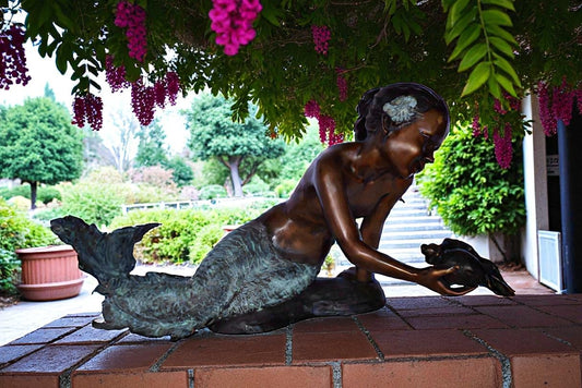 A Little Mermaid Holding A Shell Bronze Fountain Art Nude: 15" x 37" x 20"H