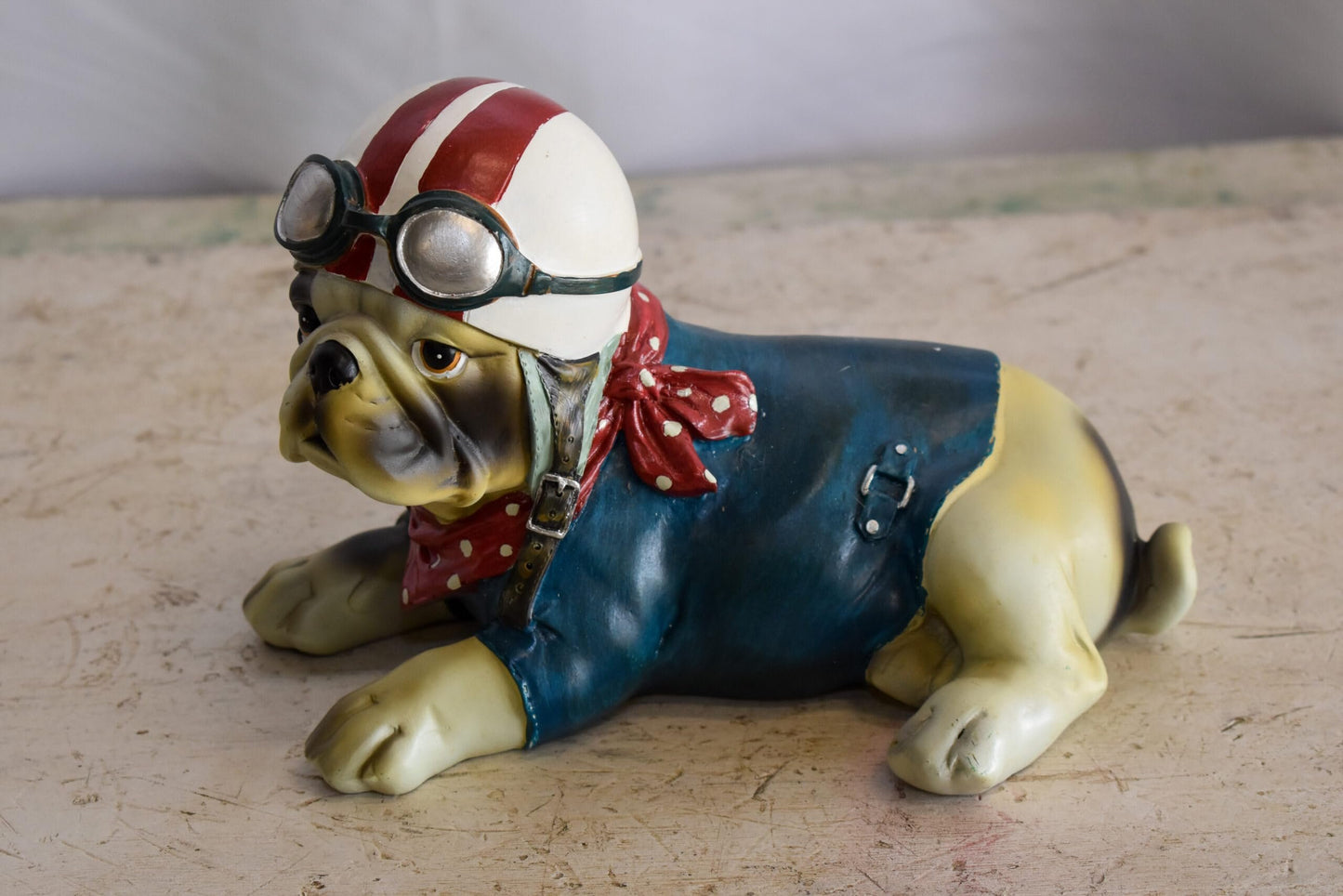 A Happy Dog Dressed in Motorcycle Rider Suit, Resin Statue 9" x 6" x 7"H