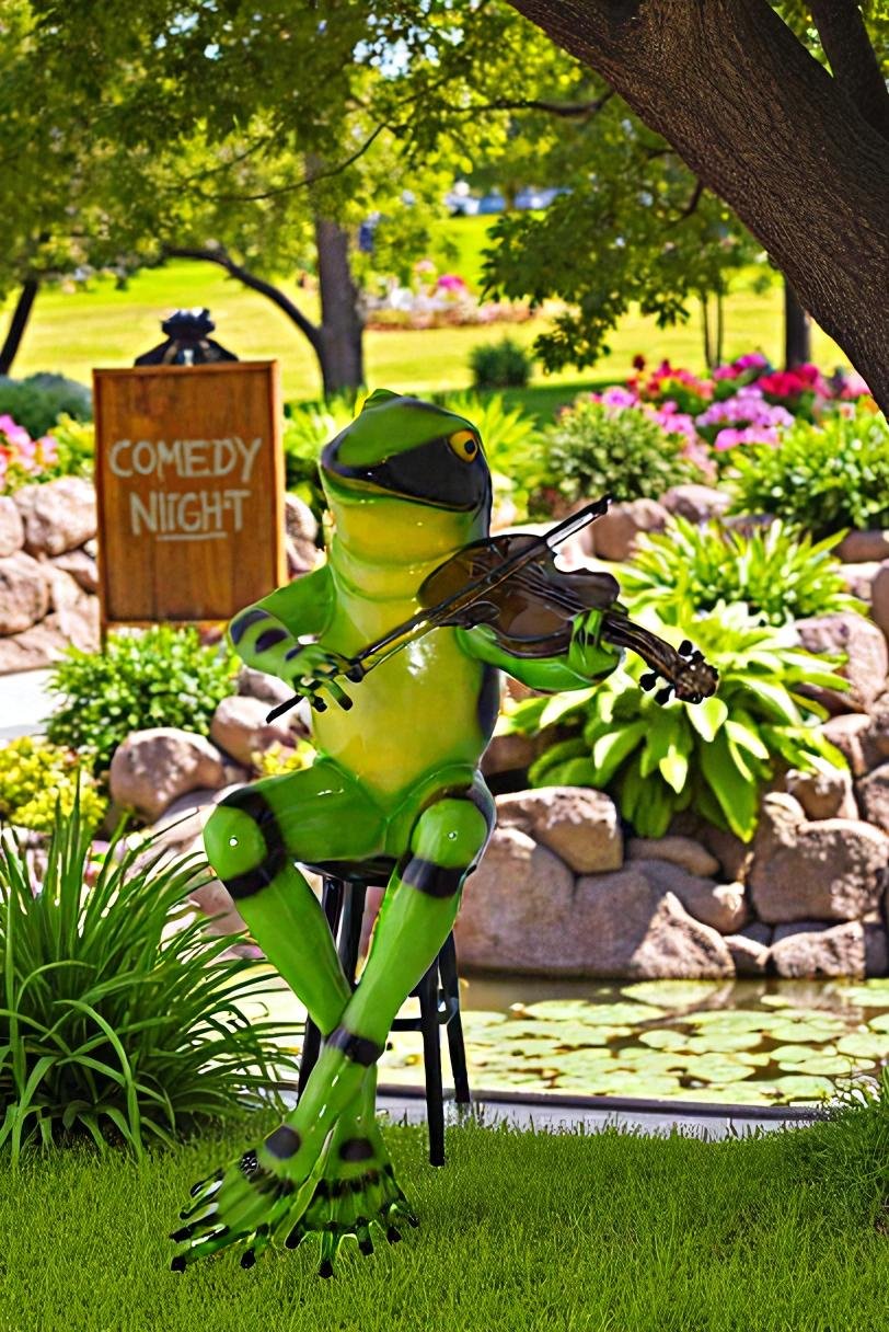 Comedic Green Frog bronze statue - Size: 25"L x 20"W x 30"H.
