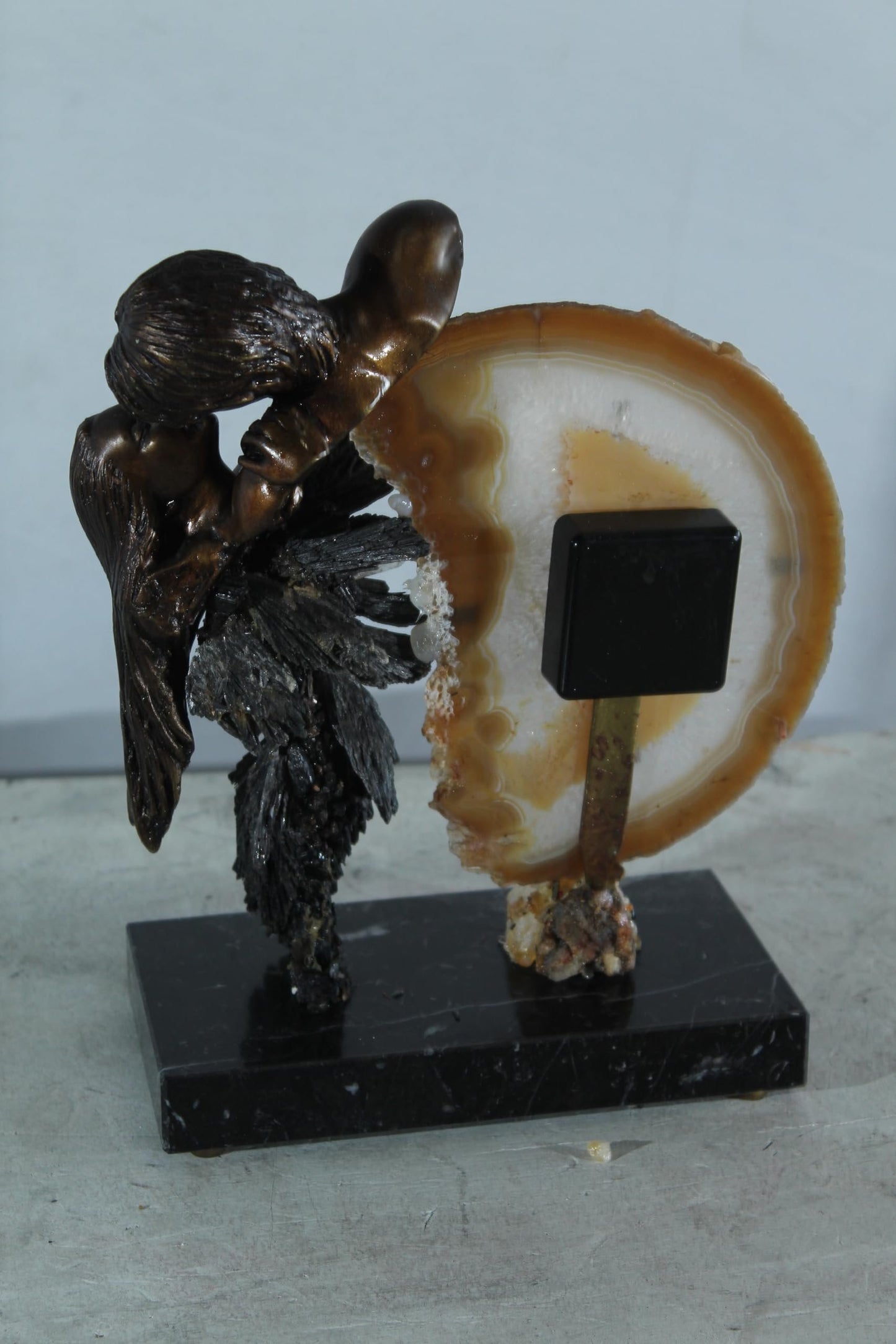 NIFAO Angel Clock Sculpture with Agate Bronze Art by Vidal Spain 10"x5"x12"H