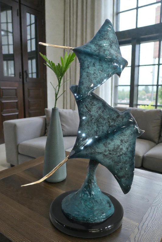 Two Stingrays Bronze Sculpture Ocean Wave Base 13"x7"x23"H