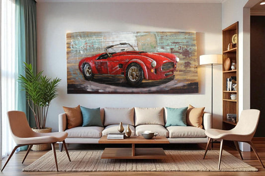 NIFAO Classic Roadster Inspired Red Car 3D Metal Art on Wood 79" x 2" x 40"H