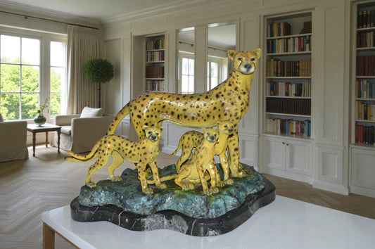 Cheetah Family Bronze Statue on Marble - Size: 24"L x 14"W x 18"H.