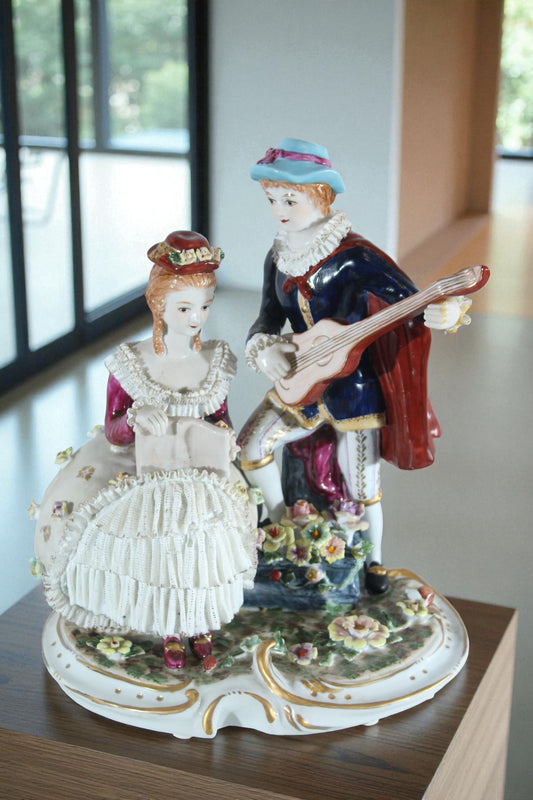 NIFAO Porcelain Romantic Couple Figurine with Guitar and Book 11" x 8" x 13"H