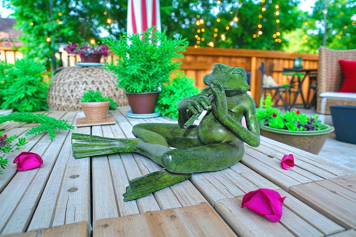 Musical Frog Playing Flute Bronze Statue with Green Patina 20" x 18" x 12"H