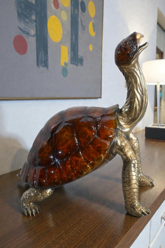 Bronze Tortoise Sculpture Amber Shell Gold Accents 12"x10"x16"H