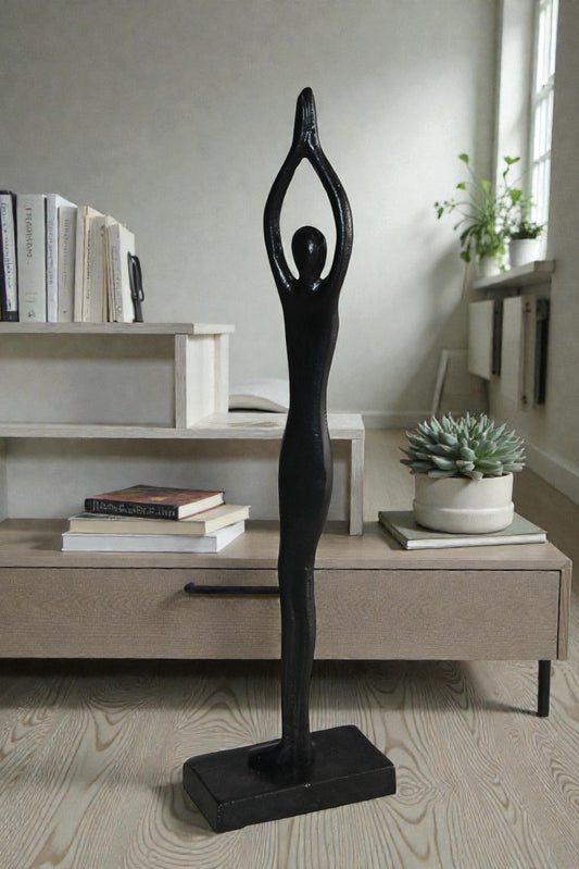 Black Aluminum Yoga Girl Statue Serenity in Tree Top Pose 6" x 3" x 20"H