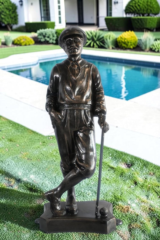 Vintage Golfer Statue Leaning on Club Aluminum Golf Gift 14"x9"x39"H