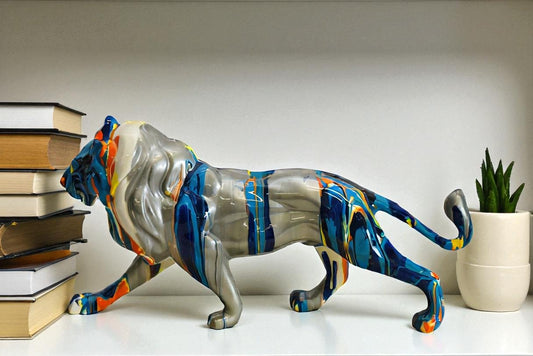 Roaming Multicolored Lion Resin Statue 19" x 5" x 9"H