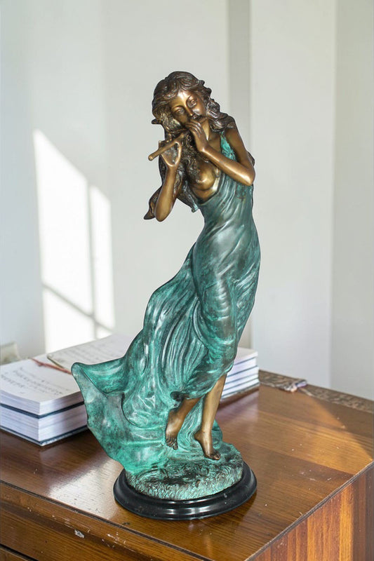 Musical Girl Bronze Statue - Size: 8"L x 7"W x 19"H.