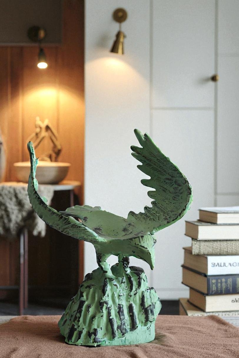Eagle on Rock, Majestic Aluminum Statue with Green Patina Finish 10" x 9" x 11"H