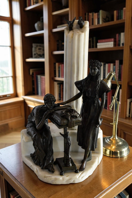 Two Pensive Goddesses by Marbe Pillar Bronze Statue 8" x 8" x 13"H