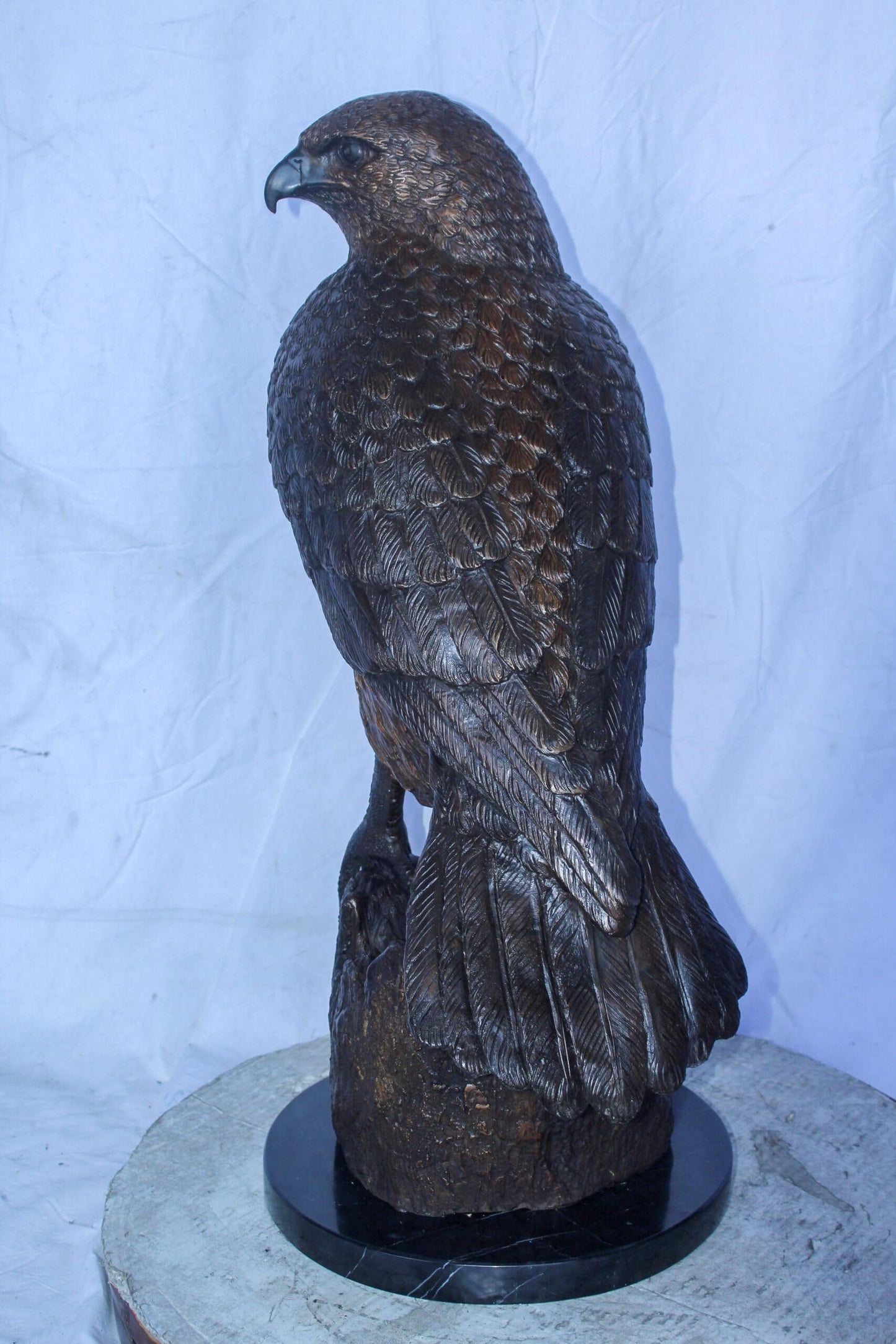 Hawk Bronze Statue Standing on Tree Stump with Marble Base 12" x 15" x 29"H