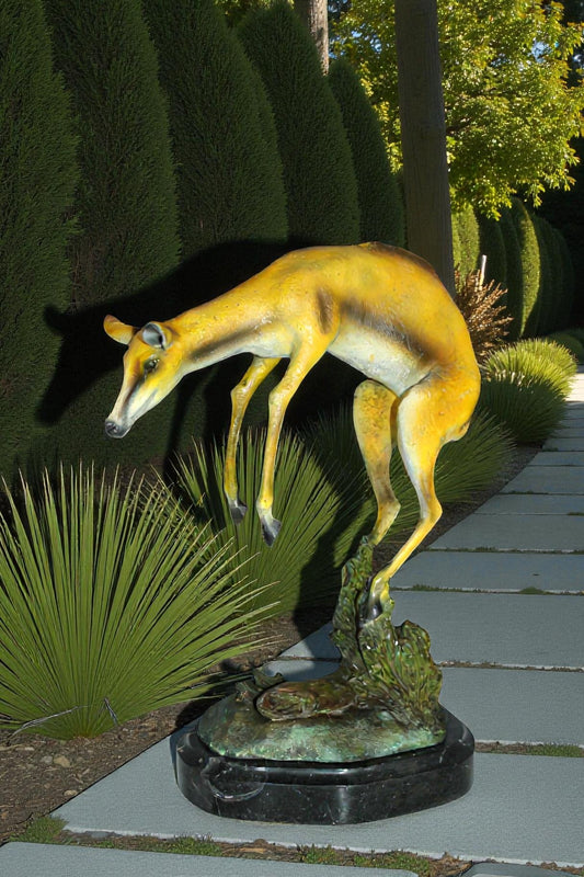 Jumping Impala bronze statue - Size: 9"L x 7"W x 16"H.