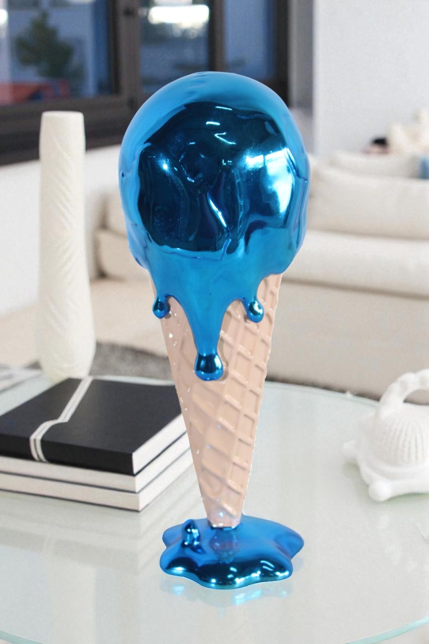 NIFAO Resin Ice Cream Cone Statue Blue Dripping Pop Art Style Decor 5" x 5" x 14"H