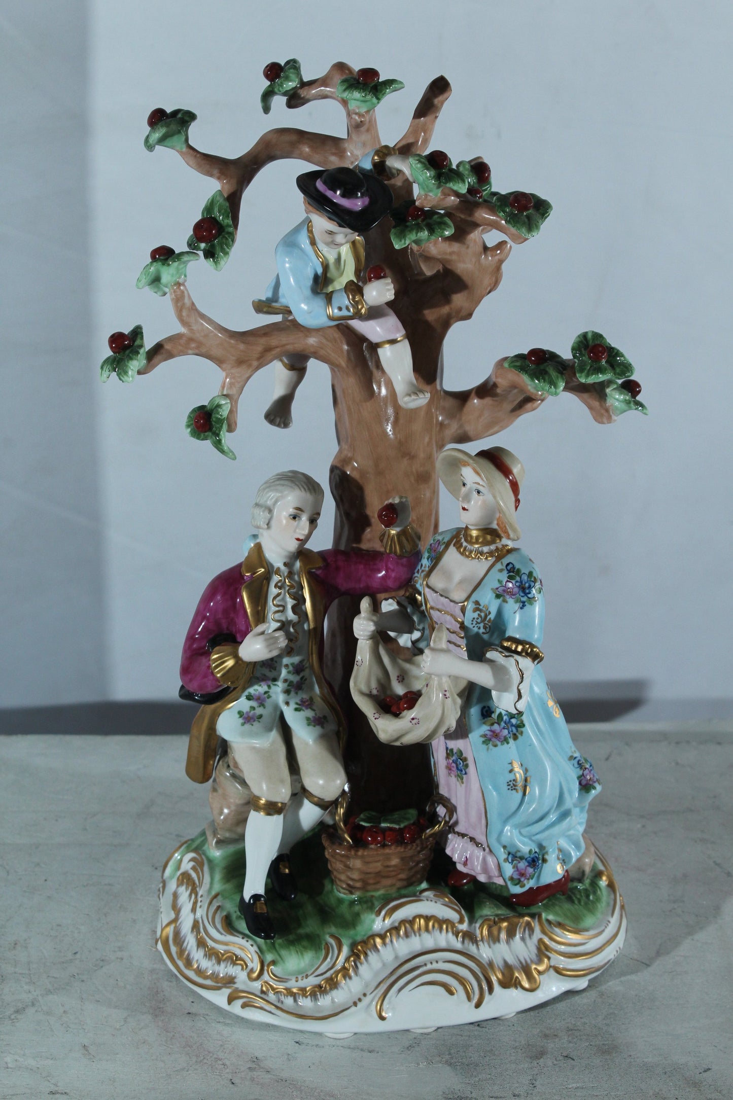 NIFAO Porcelain Cherry Picking Family Figurine Vintage Style 10"x9"x17"H