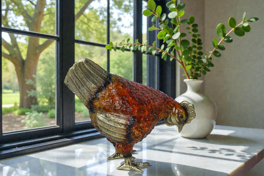 Nifao Bronze Chicken Figurine – Red Enamel Farmhouse Sculpture with Gold-Toned Wings & Tail – Handcrafted Lost Wax Casting – Rustic Kitchen & Country Home Decor Collectible 8" x 4" x 7"H
