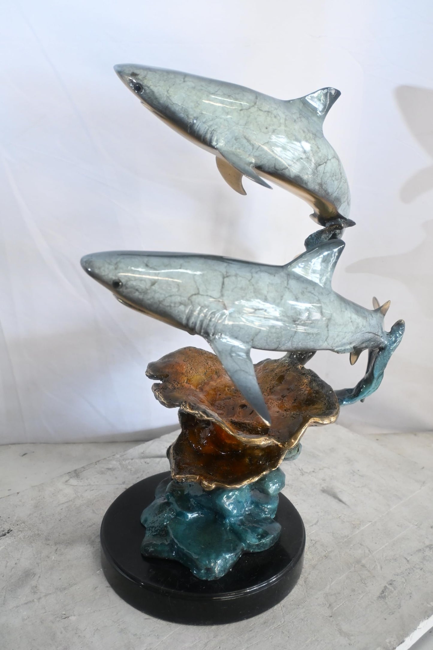 Two Sharks Bronze Sculpture Coral Reef Base 19"x11"x23"H