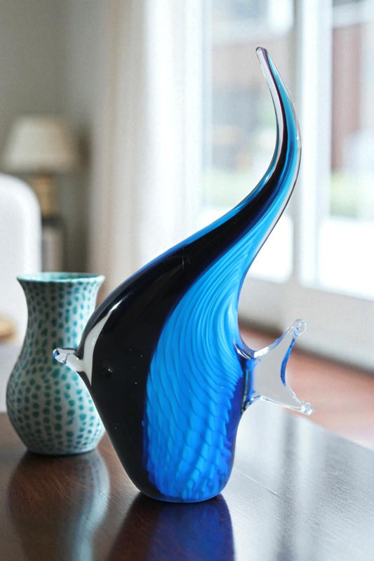 NIFAO Glass Angelfish Figurine Blue Black Hand Blown Art Decor 6" x 3" x 9"H