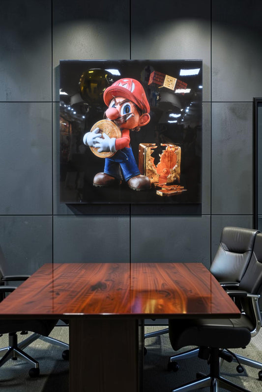 Mario Bitcoin Pop Art Resin Canvas 40x40 - Iconic Plumber Character with Gold Coin & Vault