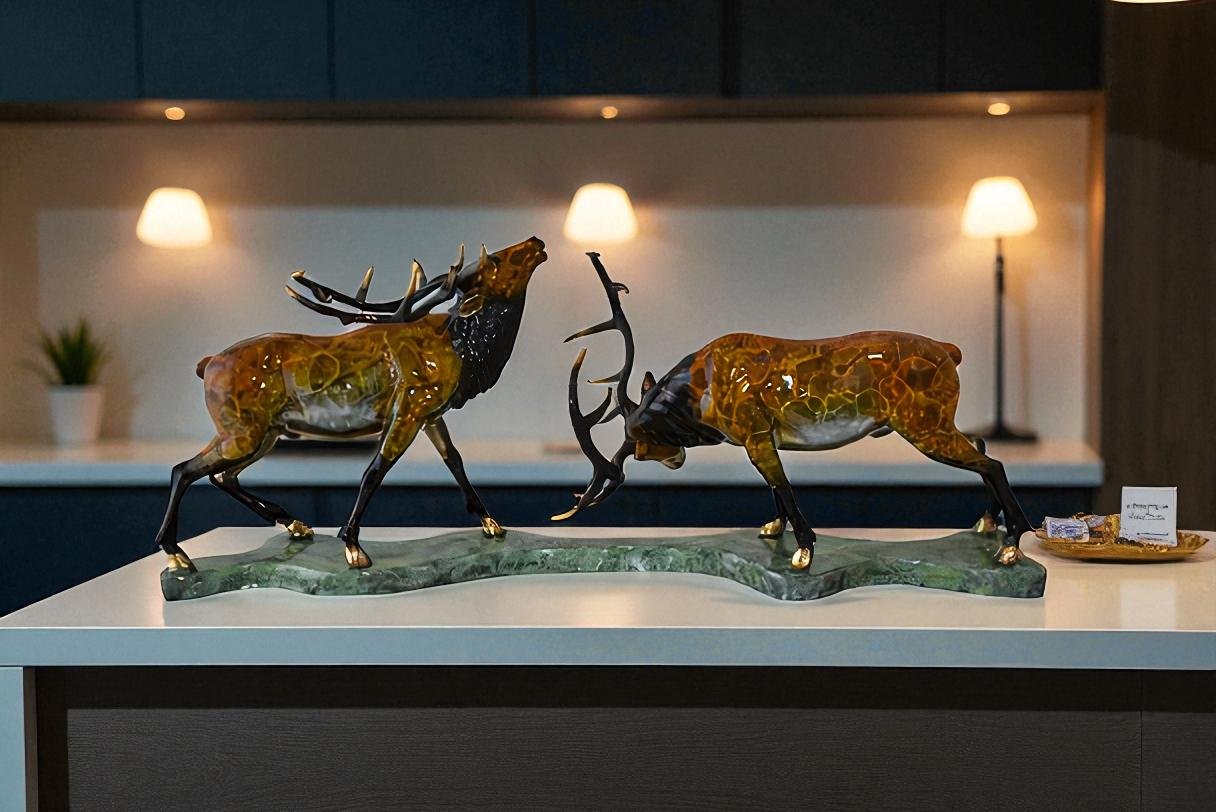 Fighting Deer Bronze Statue Mounted on a Marble Base Size: 32" x 8" x 14"H