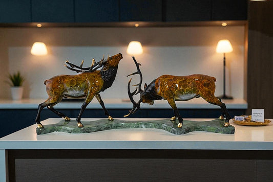 Fighting Deer Bronze Statue Mounted on a Marble Base Size: 32" x 8" x 14"H