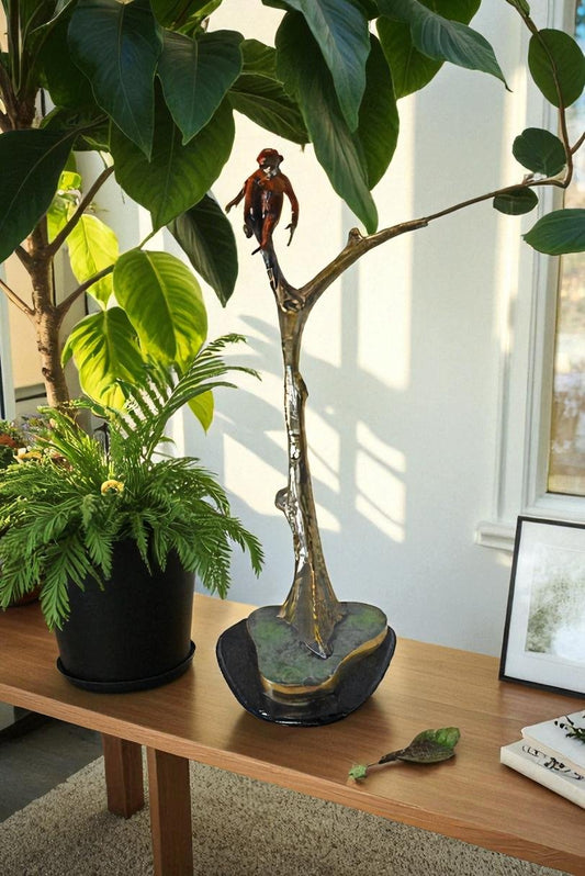 Colored Monkey Resting on a Tree Bronze Statue - Size: 12"L x 13"W x 27"H.