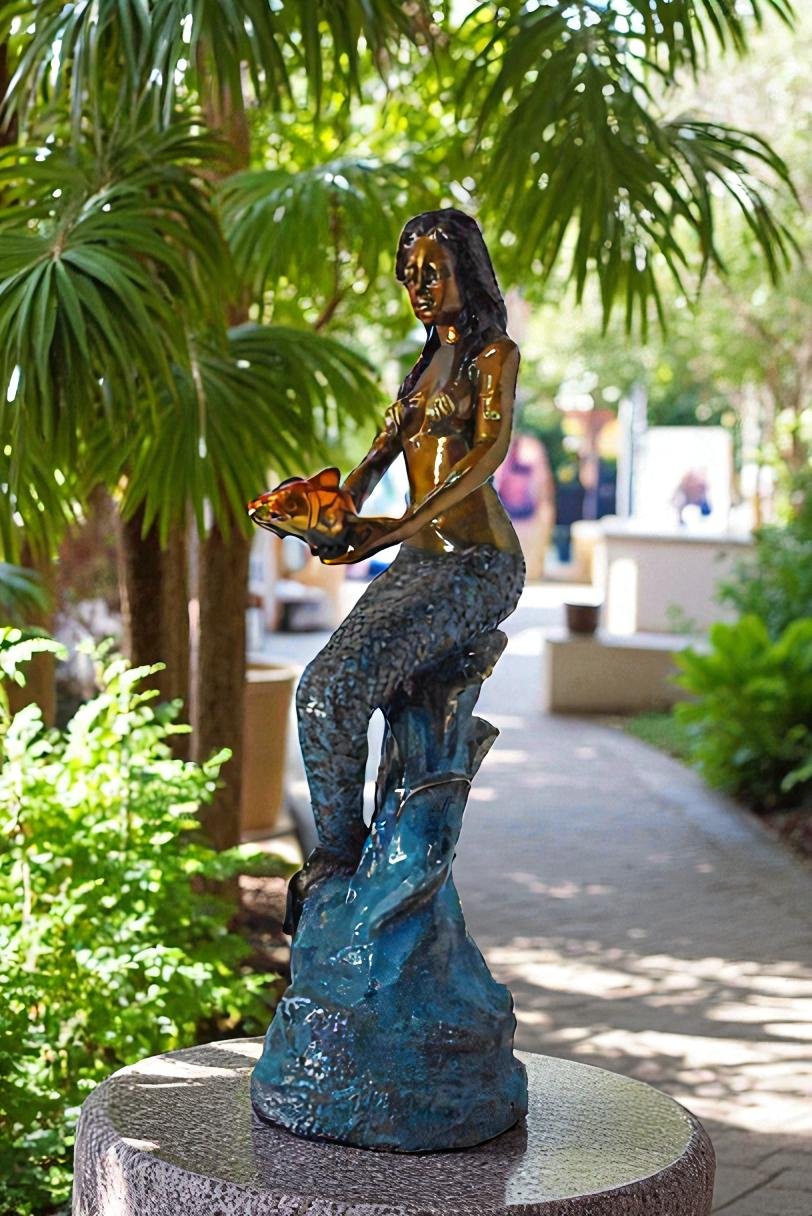 Mermaid Holding Two Fish Bronze Statue Color Finish - Size: 14" x 14" x 43"H.