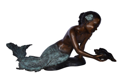 A Little Mermaid Holding A Shell Bronze Fountain Art Nude: 15" x 37" x 20"H