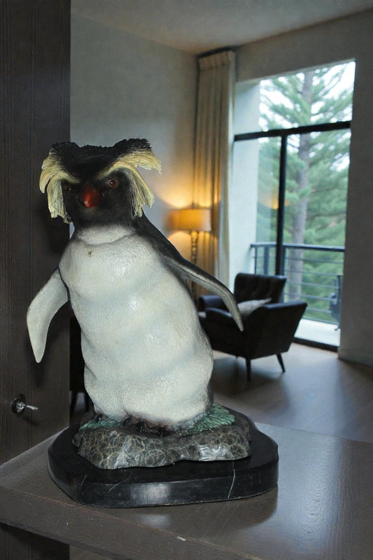 Rockhopper Penguin Bronze Statue 20 Inch on Marble Base 16"x15"x20"H