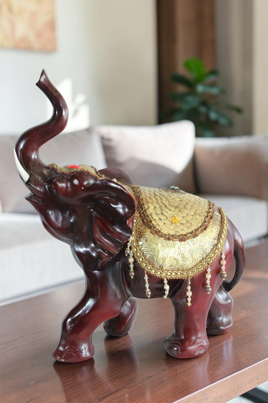 Nifao Resin Elephant Statue with Gold Saddle and Raised Trunk - Regal Lucky Elephant Home Decor - 19" x 10" x 22"H
