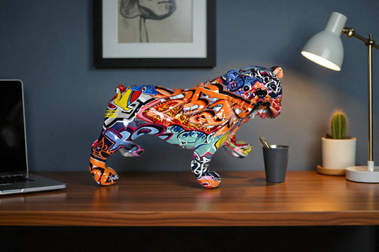 Modern Happy Graffiti Resin Bulldog Statue Looking to the Right 10" x 5" x 7"H