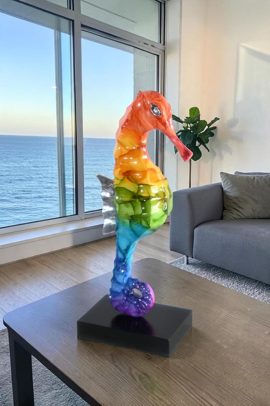 Rainbow Seahorse Figurine on Base Painted Aluminum Decor 6"x4"x15"H