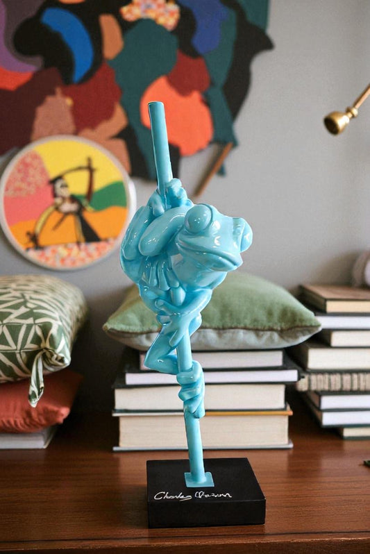 Modern Light Blue Lively Frog on Branch Resin Statue 10" x 8" x 28"H